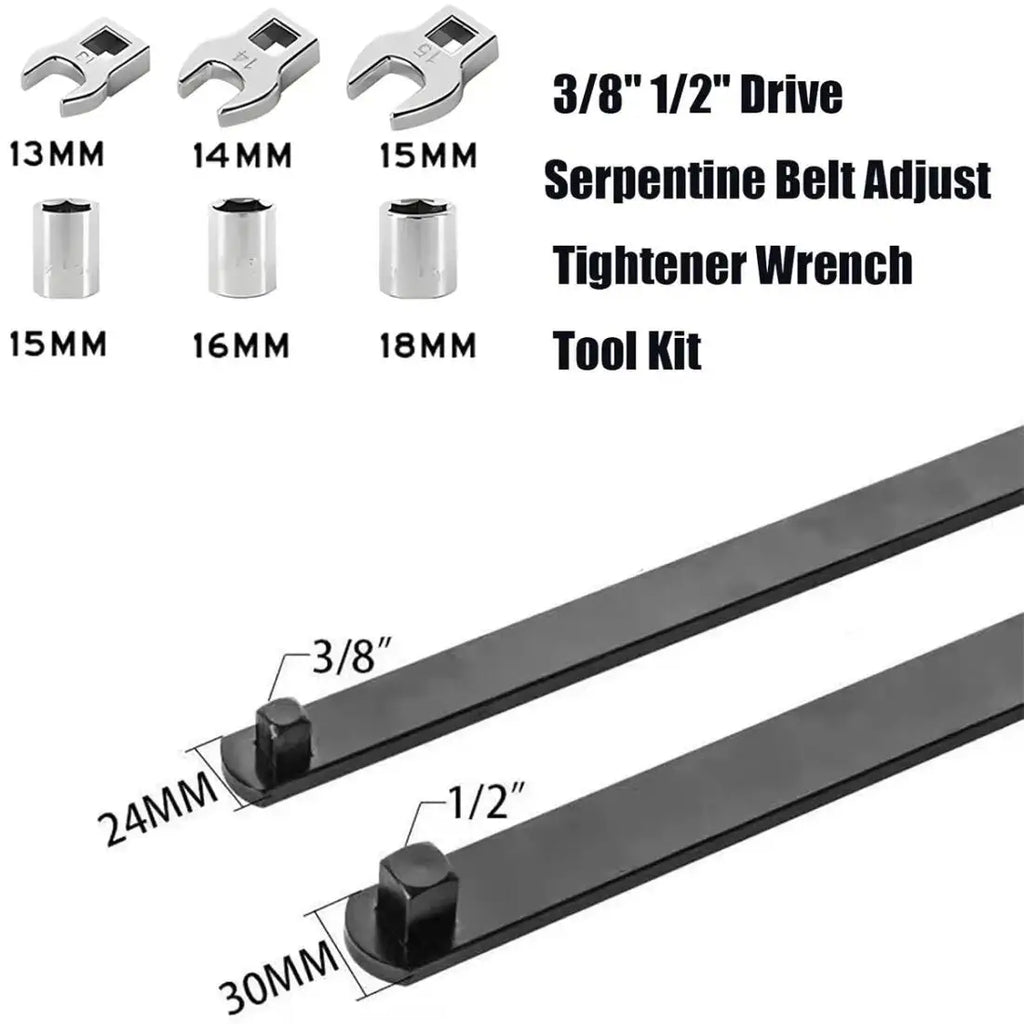 8pcs Serpentine Belt Tool Kit 8PCS Universal 3/8 1/2 Drive Adjust Tightener Wrench Set for Car Engine Repair with Multiple Sockets and Adapters