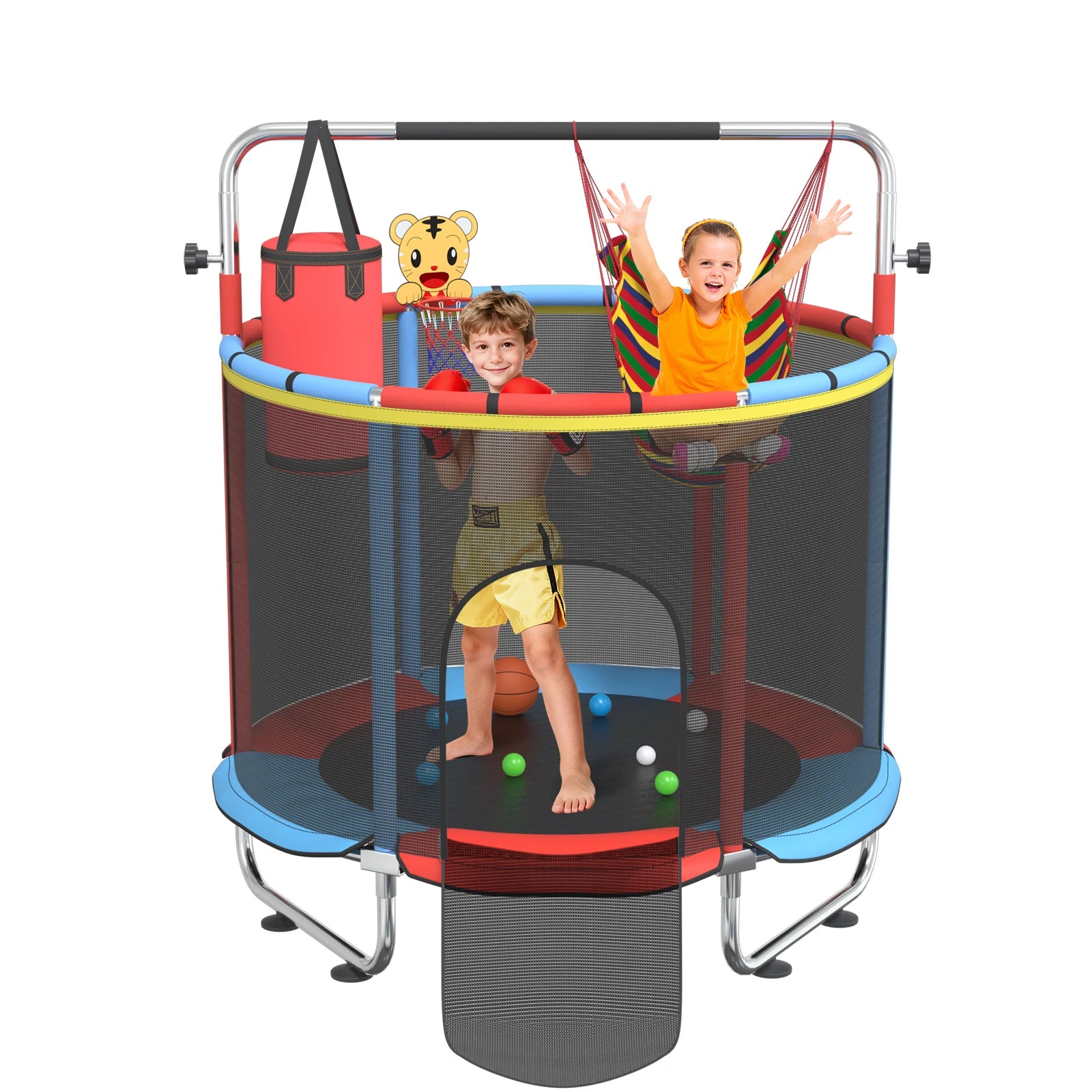 5FT Toddler Trampoline 8-in-1 Kids Mini Trampoline with Basketball Hoop Swing Hammock Indoor Outdoor Play for 1-5 Years Gift