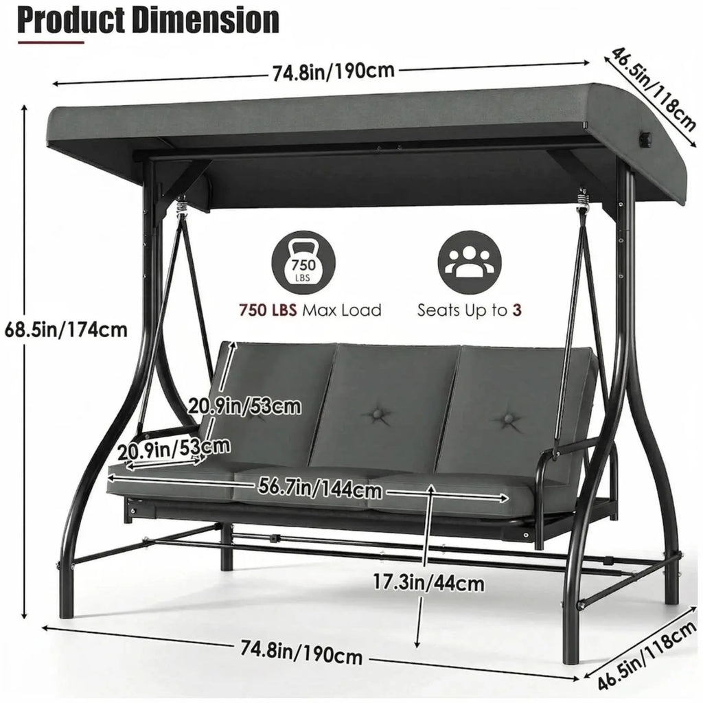 3-Seat Patio Swing with Adjustable Canopy & Backrest, Outdoor Porch Swing That Converts to Bed W/Thickened Removable Cushions & Up to 750LBS Capacity, For Porch, Backyard, Courtyard, Garden, Patio, Balcony, Poolside