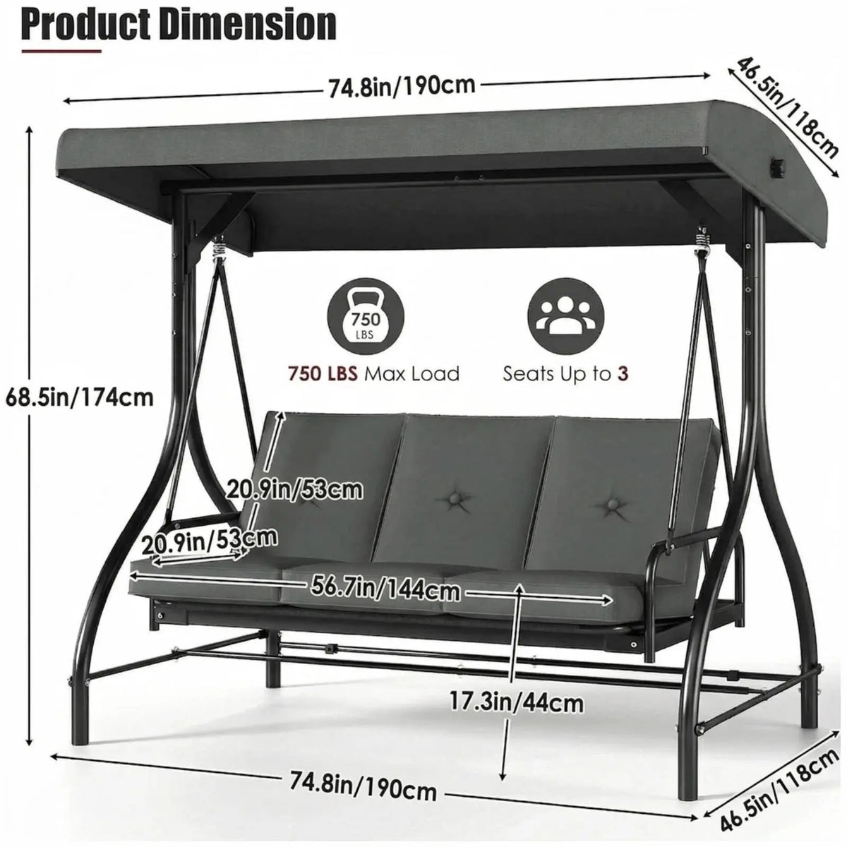 3-Seat Patio Swing with Adjustable Canopy & Backrest, Outdoor Porch Swing That Converts to Bed W/Thickened Removable Cushions & Up to 750LBS Capacity, For Porch, Backyard, Courtyard, Garden, Patio, Balcony, Poolside