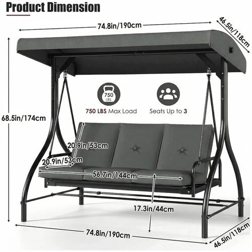 3-Seat Patio Swing with Adjustable Canopy & Backrest, Outdoor Porch Swing That Converts to Bed W/Thickened Removable Cushions & Up to 750LBS Capacity, For Porch, Backyard, Courtyard, Garden, Patio, Balcony, Poolside