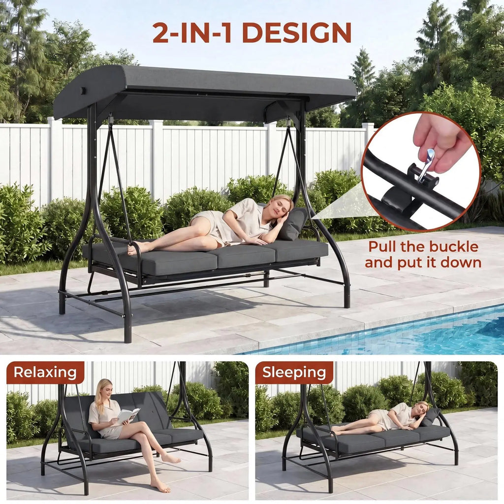 3-Seat Patio Swing with Adjustable Canopy & Backrest, Outdoor Porch Swing That Converts to Bed W/Thickened Removable Cushions & Up to 750LBS Capacity, For Porch, Backyard, Courtyard, Garden, Patio, Balcony, Poolside