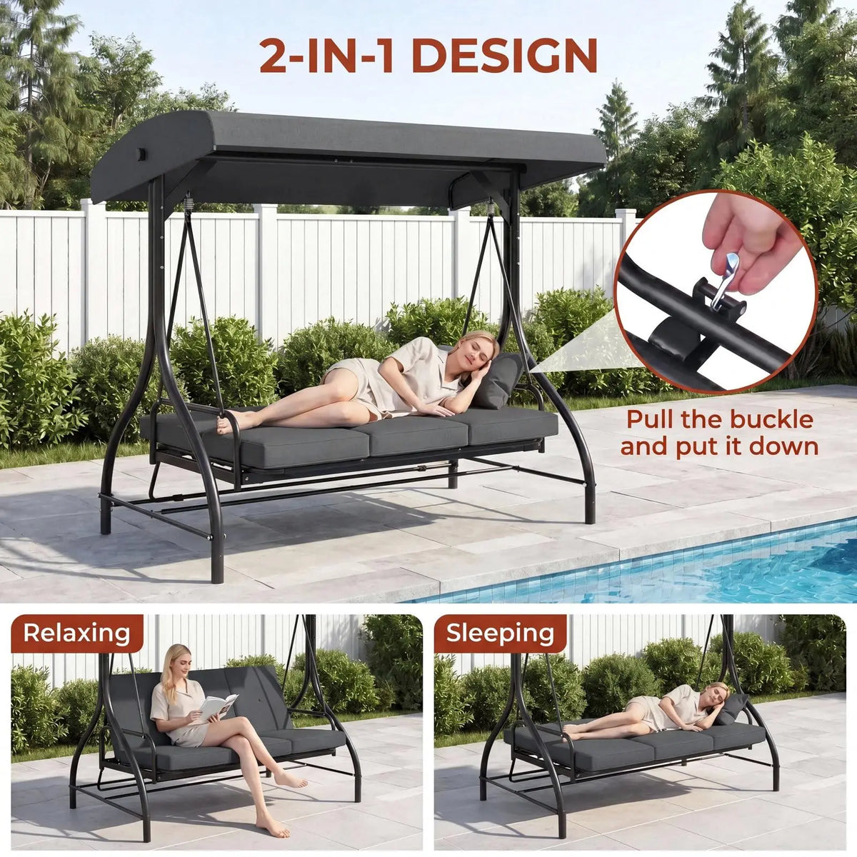 3-Seat Patio Swing with Adjustable Canopy & Backrest, Outdoor Porch Swing That Converts to Bed W/Thickened Removable Cushions & Up to 750LBS Capacity, For Porch, Backyard, Courtyard, Garden, Patio, Balcony, Poolside