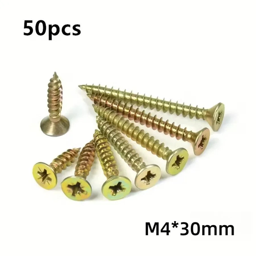 50 Golden Self Tapping Screws, Cross Counter sunk