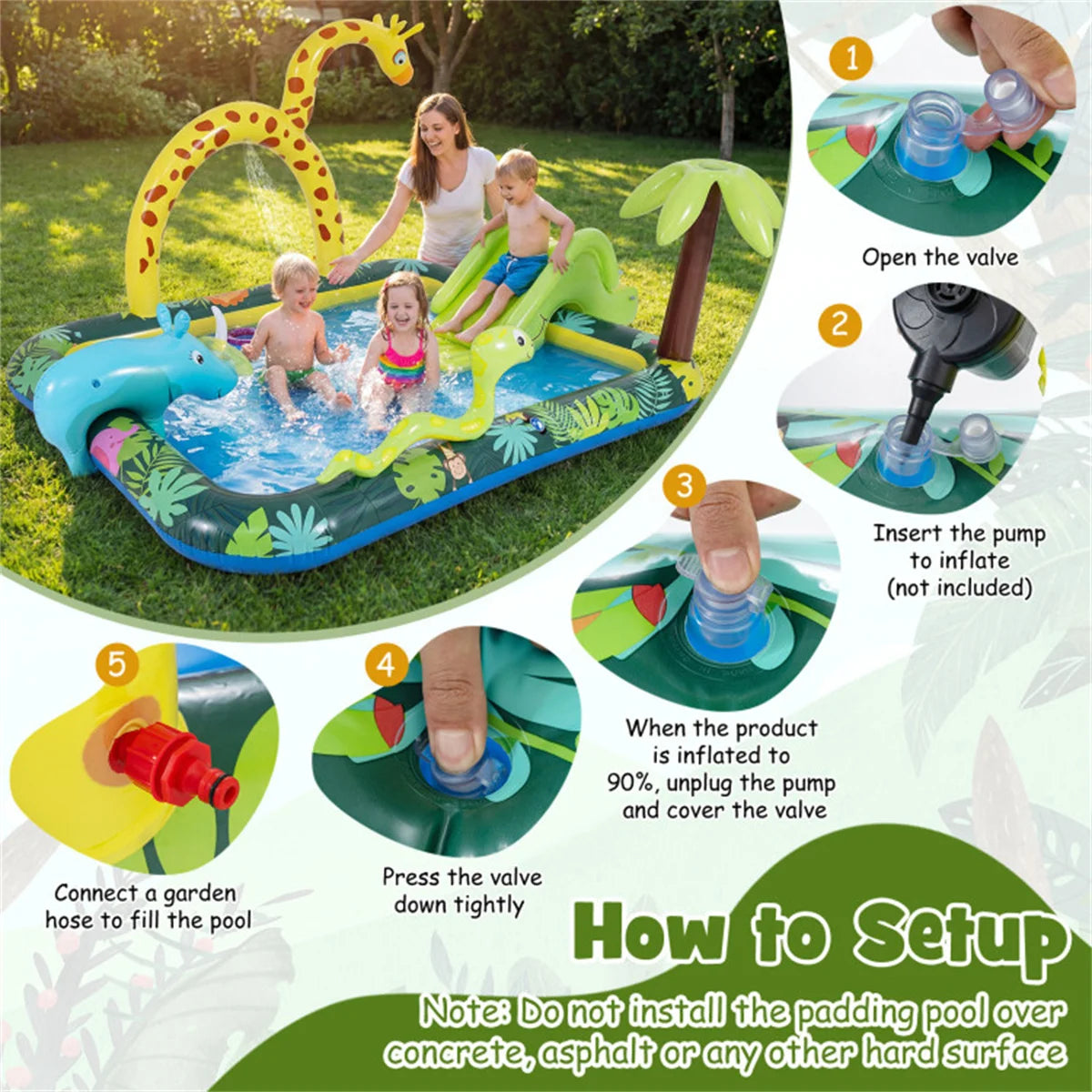 82" Inflatable Jungle Spray Pool with Giraffe Sprinkler & Slide, Kids Water Play Center for Backyard