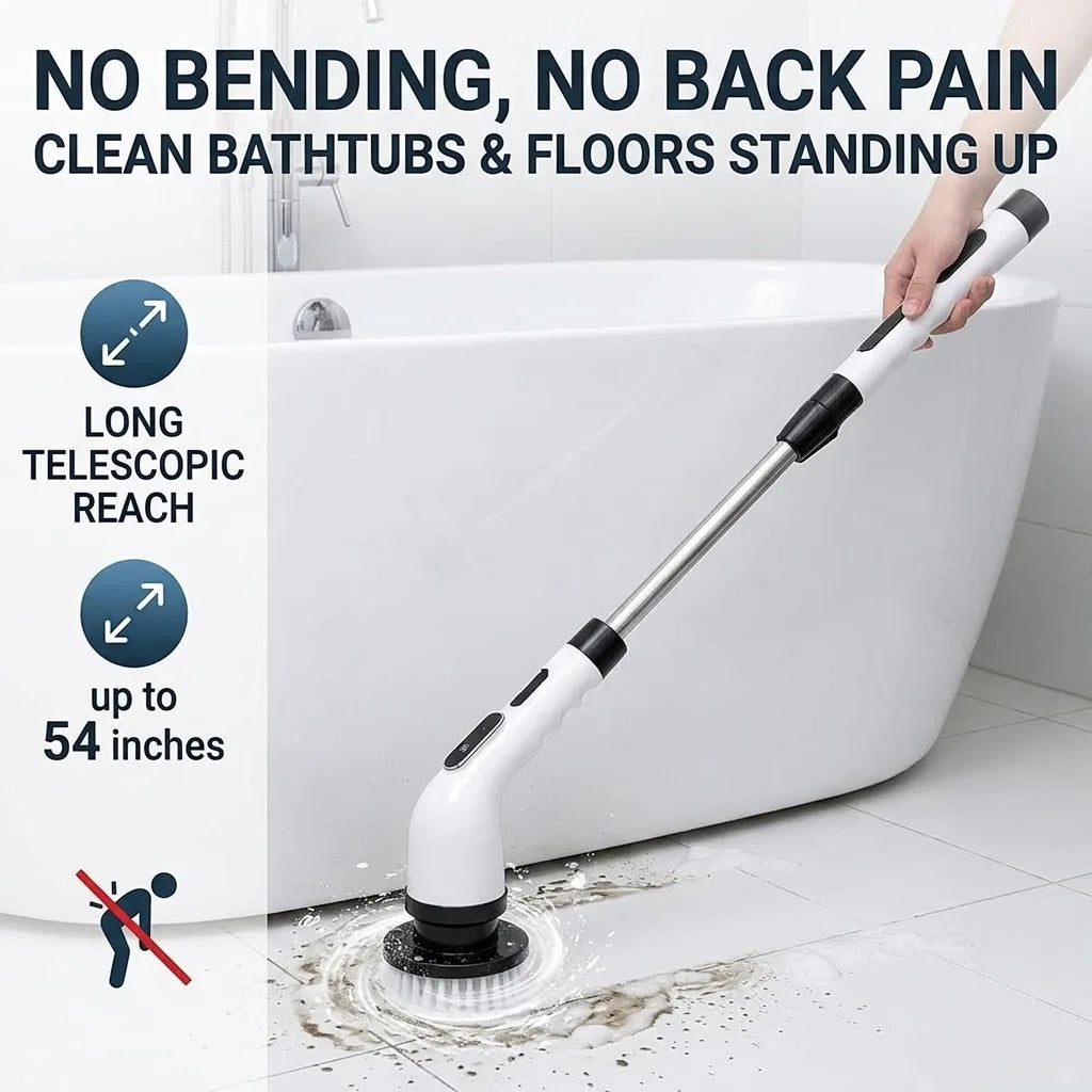 9-in-1 Power Spin Scrubber Kit – Wireless Electric Rotating Brush with Interchangeable Heads & Adjustable Handle, Multi-Surface Shower & Floor Cleaner
