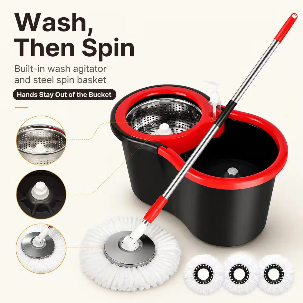 Spin Mop and Bucket Set With 4 Microfiber Mop Heads 360° Rotating Floor Cleaning Mop Stainless‑Steel Wringer Household Cleaning Tool