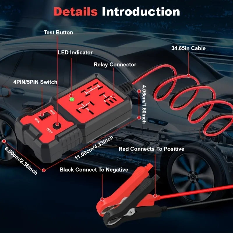 Auto Car Automotive Relay Tester For 12V Automotive 4 Pin and 5 Pin Relay Tester Automotive Universal With Battery Clamp, Handheld Relay Tester With Battery Clamp
