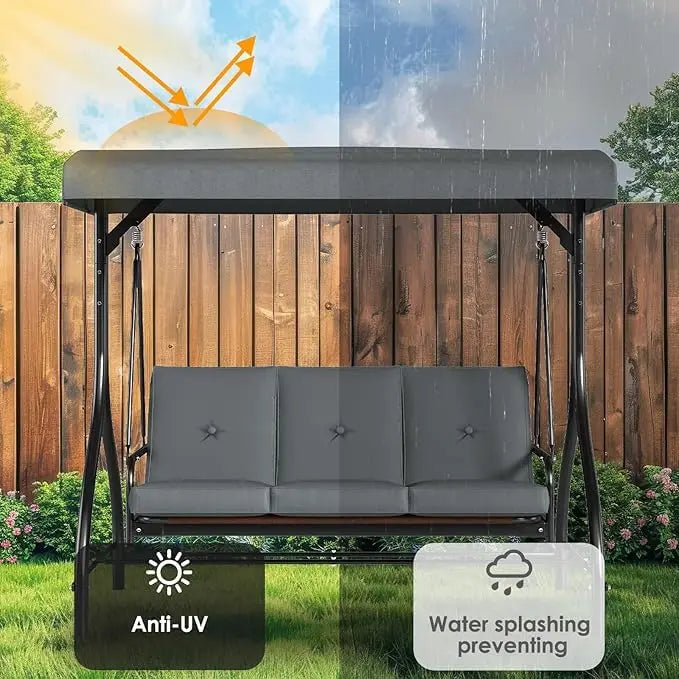 3-Seat Patio Swing with Adjustable Canopy & Backrest, Outdoor Porch Swing That Converts to Bed W/Thickened Removable Cushions & Up to 750LBS Capacity, For Porch, Backyard, Courtyard, Garden, Patio, Balcony, Poolside