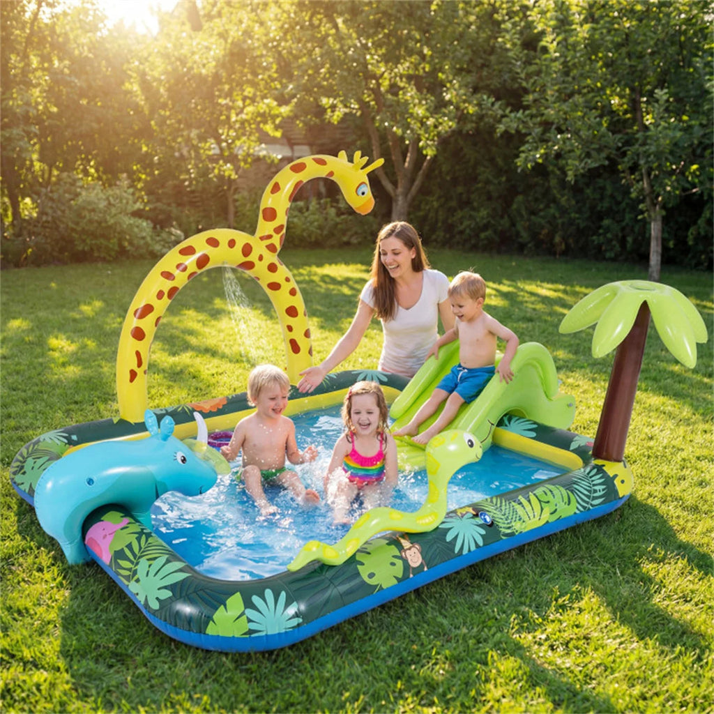 82" Inflatable Jungle Spray Pool with Giraffe Sprinkler & Slide, Kids Water Play Center for Backyard