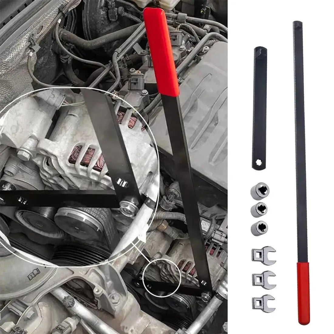 8pcs Serpentine Belt Tool Kit 8PCS Universal 3/8 1/2 Drive Adjust Tightener Wrench Set for Car Engine Repair with Multiple Sockets and Adapters
