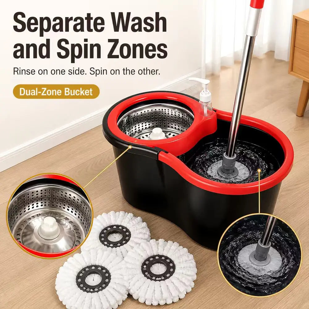 Spin Mop and Bucket Set With 4 Microfiber Mop Heads 360° Rotating Floor Cleaning Mop Stainless‑Steel Wringer Household Cleaning Tool