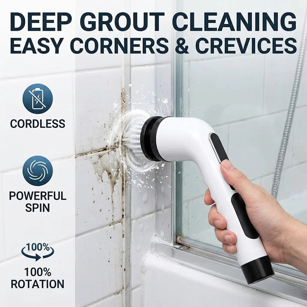 9-in-1 Power Spin Scrubber Kit – Wireless Electric Rotating Brush with Interchangeable Heads & Adjustable Handle, Multi-Surface Shower & Floor Cleaner