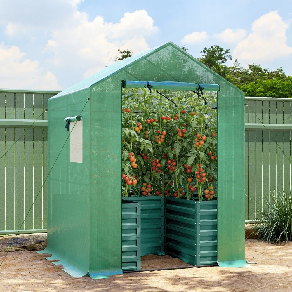 Greenhouse with Raised Garden Bed, Outdoor Greenhouse, Green