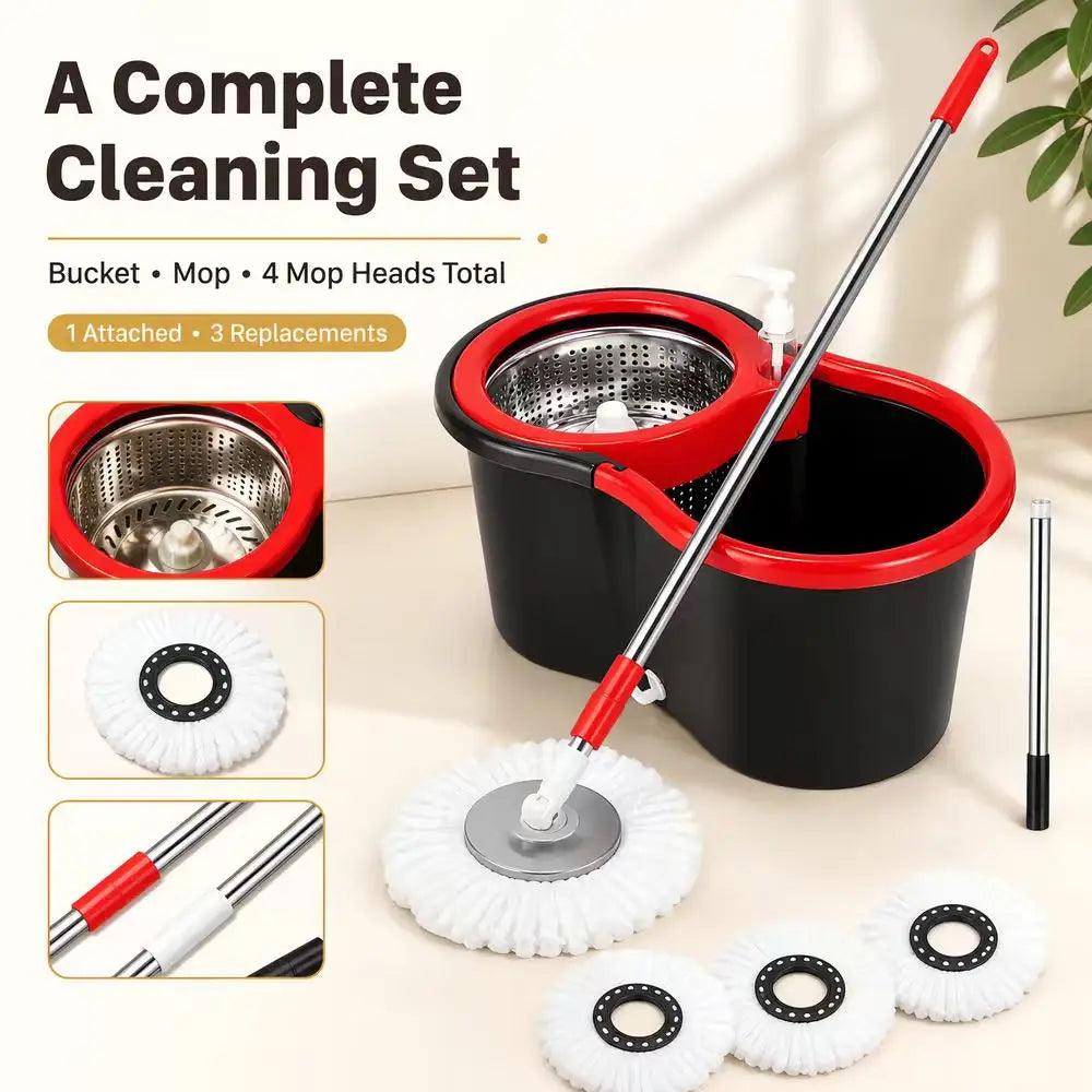 Spin Mop and Bucket Set With 4 Microfiber Mop Heads 360° Rotating Floor Cleaning Mop Stainless‑Steel Wringer Household Cleaning Tool