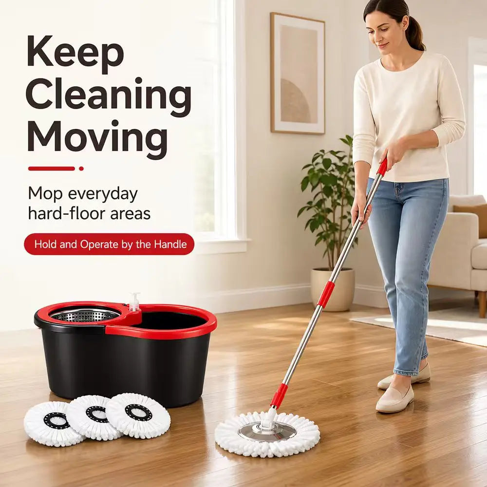 Spin Mop and Bucket Set With 4 Microfiber Mop Heads 360° Rotating Floor Cleaning Mop Stainless‑Steel Wringer Household Cleaning Tool