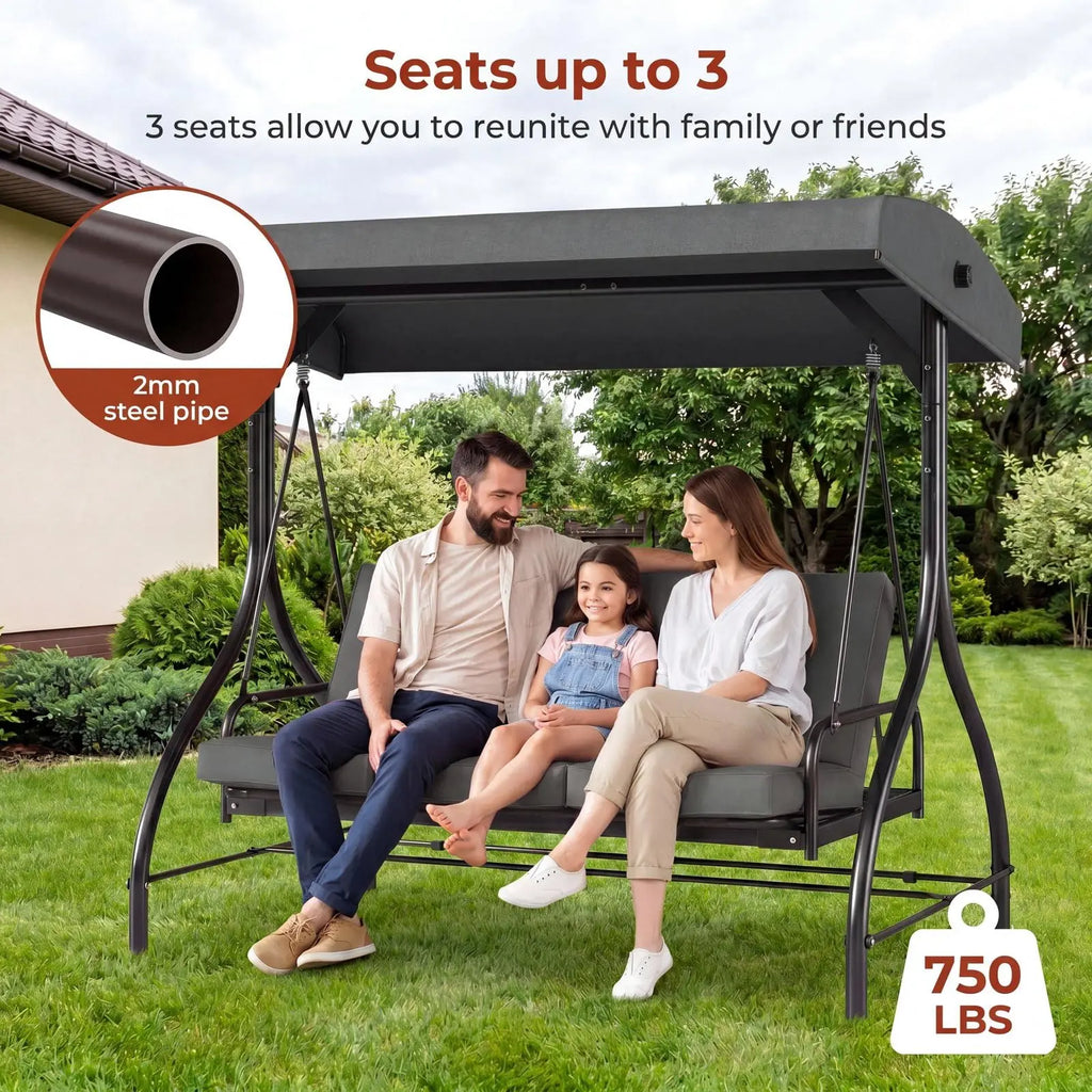 3-Seat Patio Swing with Adjustable Canopy & Backrest, Outdoor Porch Swing That Converts to Bed W/Thickened Removable Cushions & Up to 750LBS Capacity, For Porch, Backyard, Courtyard, Garden, Patio, Balcony, Poolside