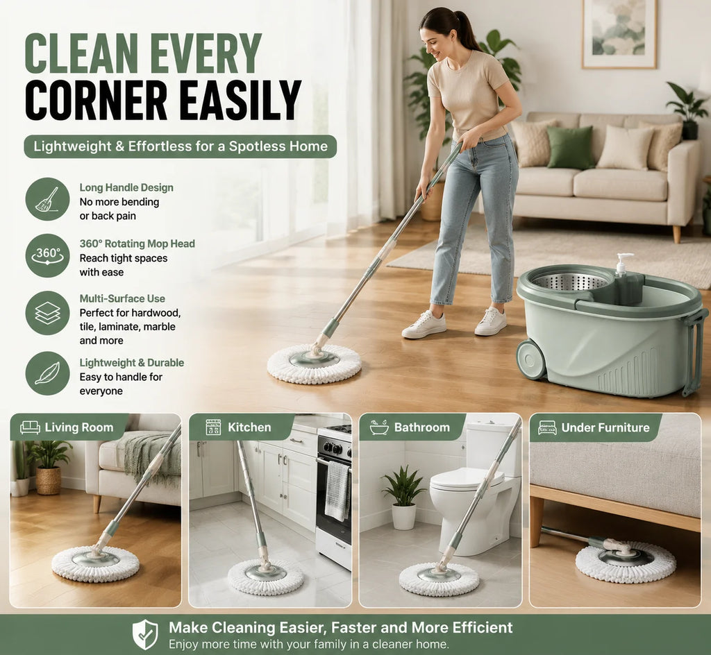 360 Spin Mop Bucket Set with Microfiber Mop Head, Self-Wringing Floor Mop System, Rotating Cleaning Bucket with Wheels for Kitchen Bathroom Home Floor Cleaning