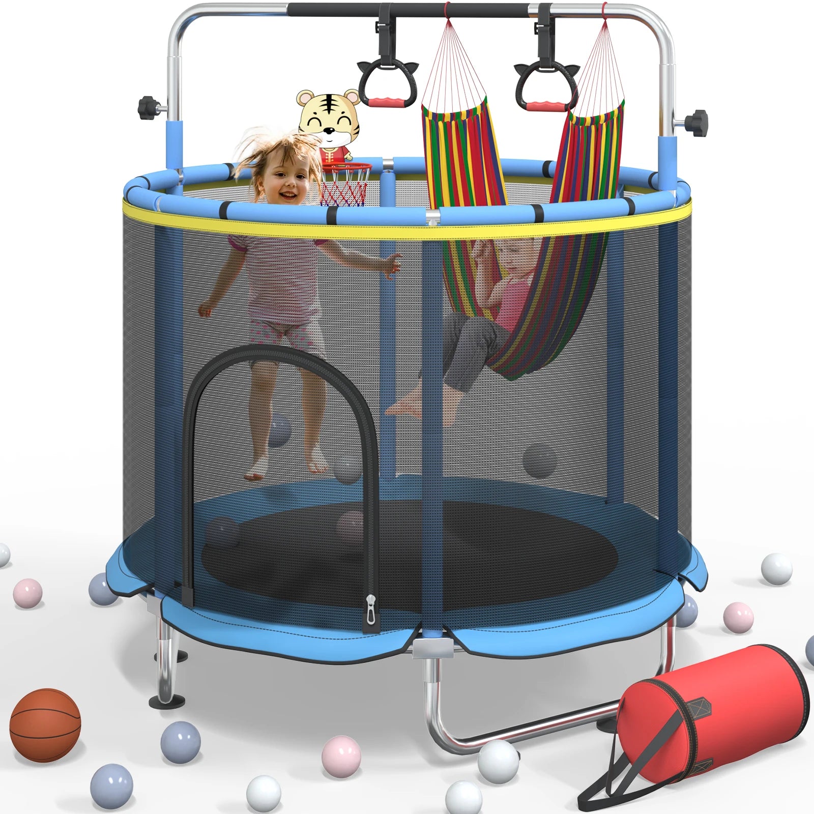 5FT Toddler Trampoline 8-in-1 Kids Mini Trampoline with Basketball Hoop Swing Hammock Indoor Outdoor Play for 1-5 Years Gift