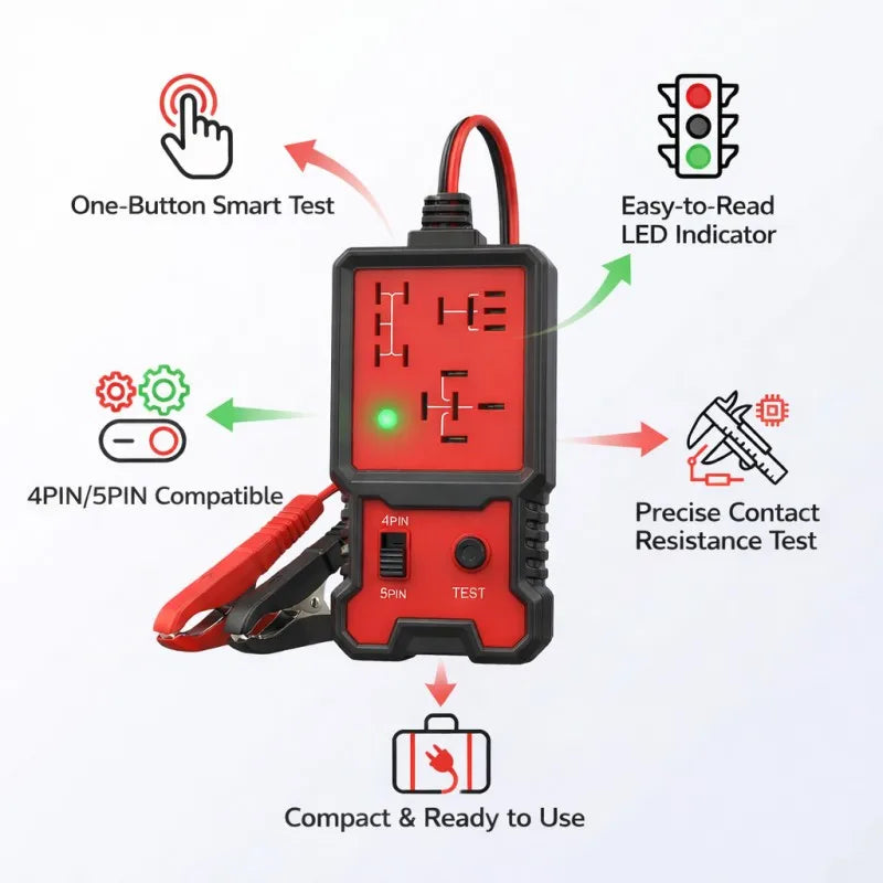 Auto Car Automotive Relay Tester For 12V Automotive 4 Pin and 5 Pin Relay Tester Automotive Universal With Battery Clamp, Handheld Relay Tester With Battery Clamp