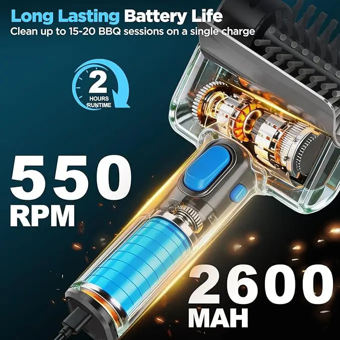 Cordless Rechargeable Electric Grill Cleaner, Powerful Rotating Scrubber for Porcelain, Cast Iron & Stainless Steel BBQ Grates