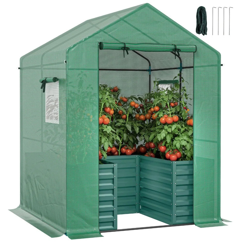 Greenhouse with Raised Garden Bed, Outdoor Greenhouse, Green