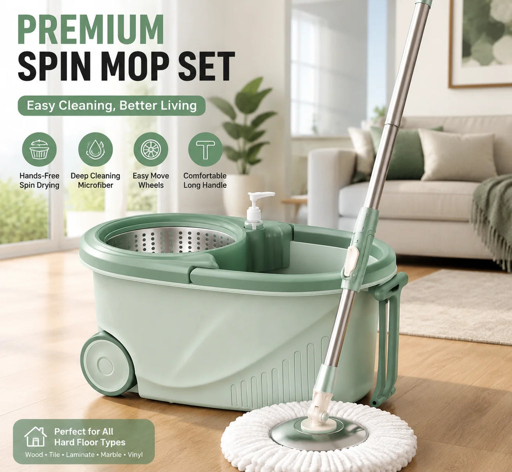 360 Spin Mop Bucket Set with Microfiber Mop Head, Self-Wringing Floor Mop System, Rotating Cleaning Bucket with Wheels for Kitchen Bathroom Home Floor Cleaning