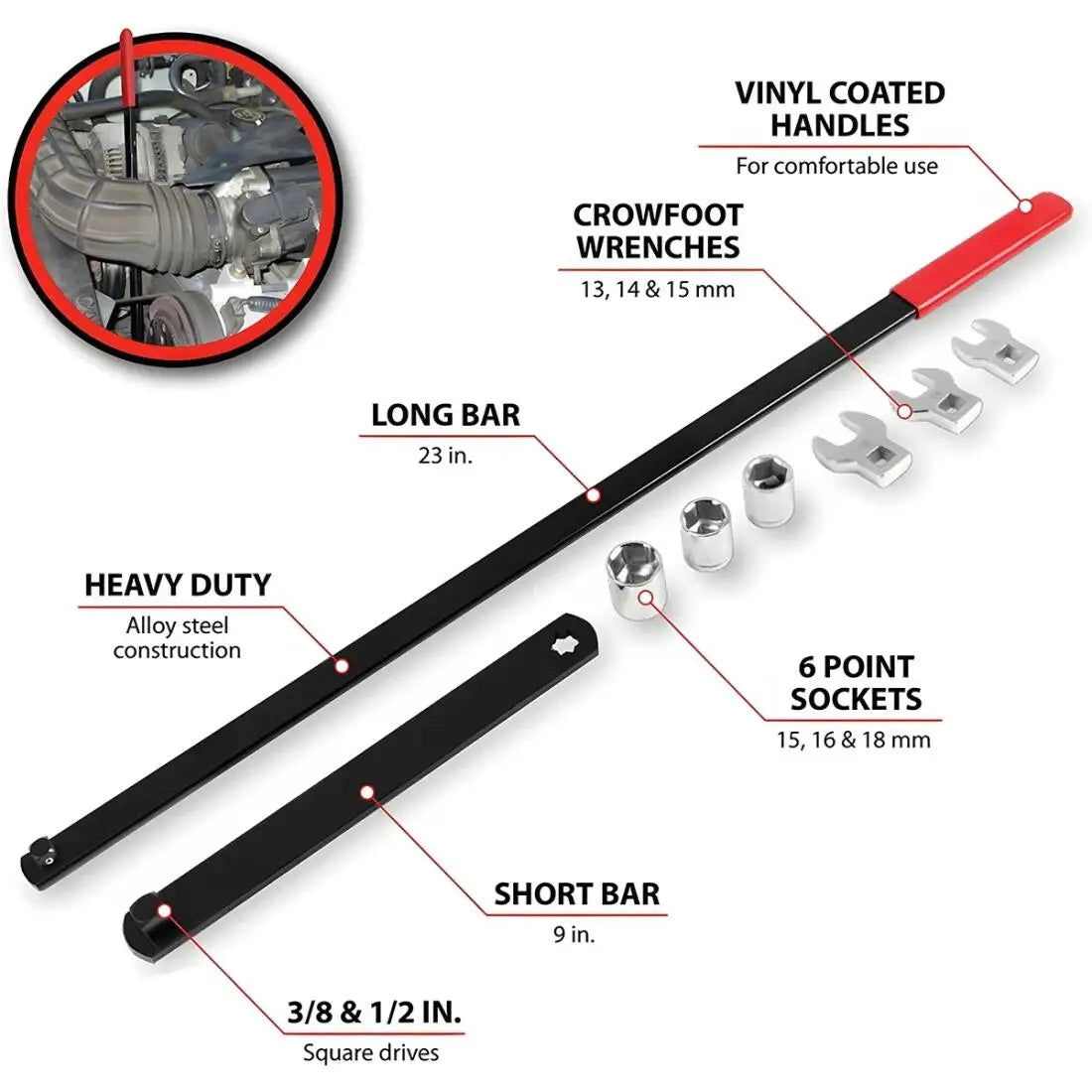 8pcs Serpentine Belt Tool Kit 8PCS Universal 3/8 1/2 Drive Adjust Tightener Wrench Set for Car Engine Repair with Multiple Sockets and Adapters