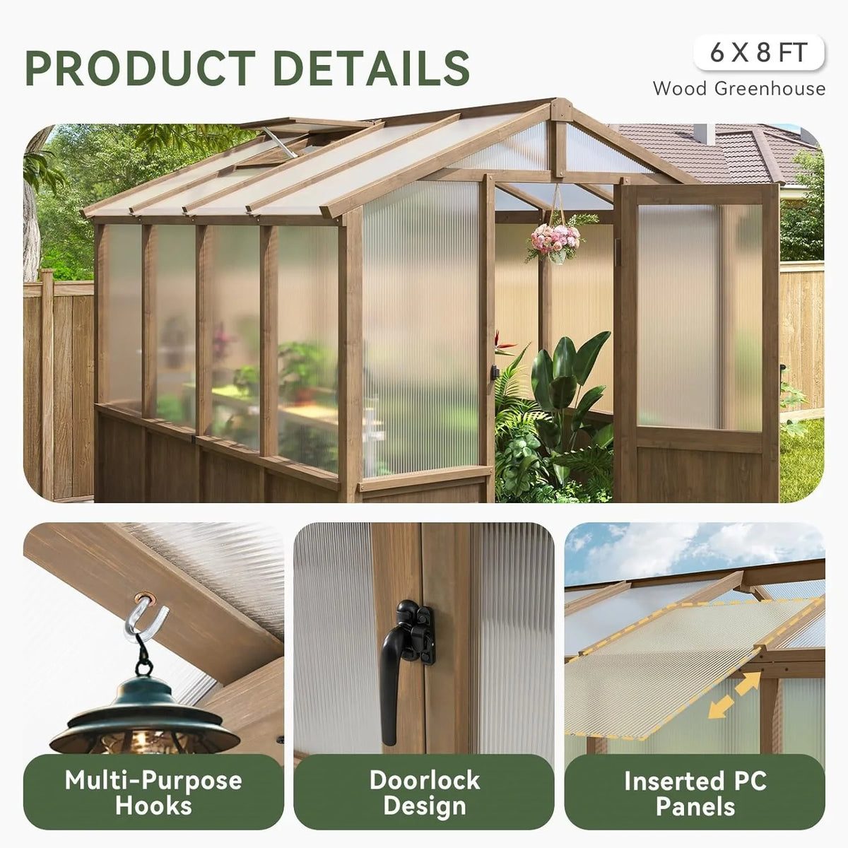 Nordivale 6x8ft Wooden Greenhouse Outdoor Cedar Wood Gazebo Walk-in Green House Kit Adjustable Roof Vent Lockable Door Heavy Duty for Backyard Garden Natural