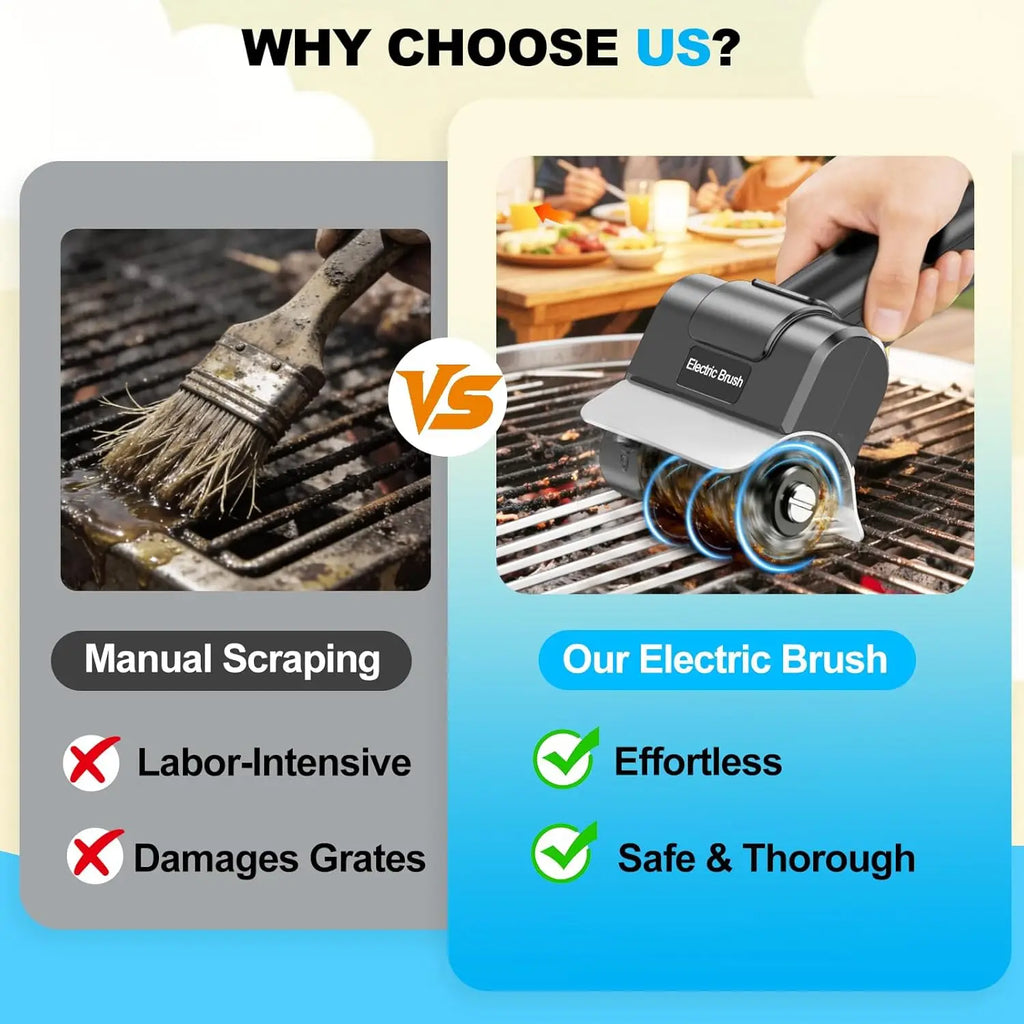 Cordless Rechargeable Electric Grill Cleaner, Powerful Rotating Scrubber for Porcelain, Cast Iron & Stainless Steel BBQ Grates