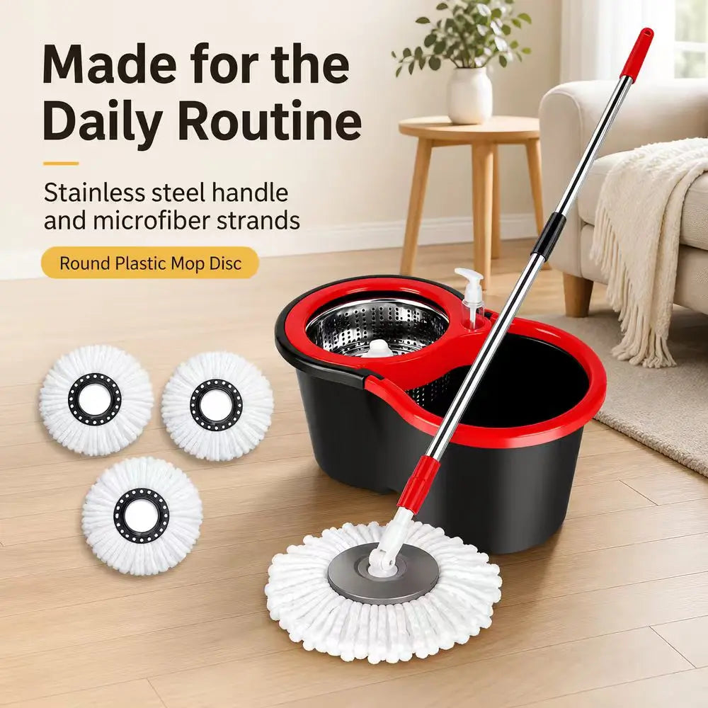 Spin Mop and Bucket Set With 4 Microfiber Mop Heads 360° Rotating Floor Cleaning Mop Stainless‑Steel Wringer Household Cleaning Tool