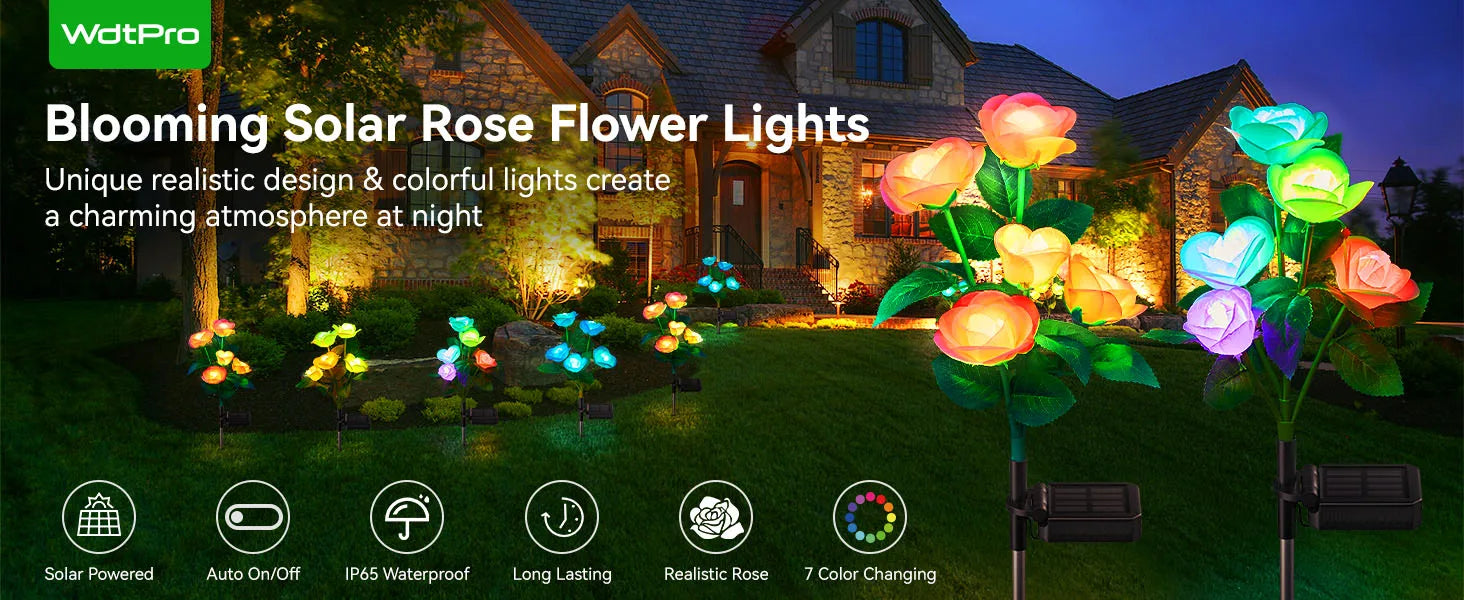 Solar Garden Lights, Outdoor Solar Flower Lights, Solar Flower Lights W/7 Changing Colors, Waterproof Solar Lights, Solar Flower Lights For Yard.