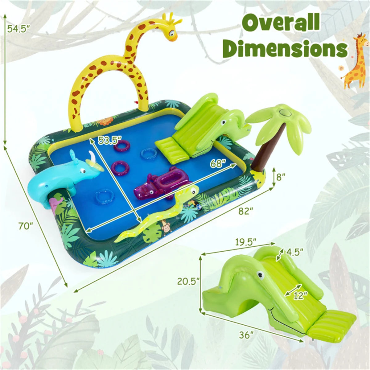 82" Inflatable Jungle Spray Pool with Giraffe Sprinkler & Slide, Kids Water Play Center for Backyard