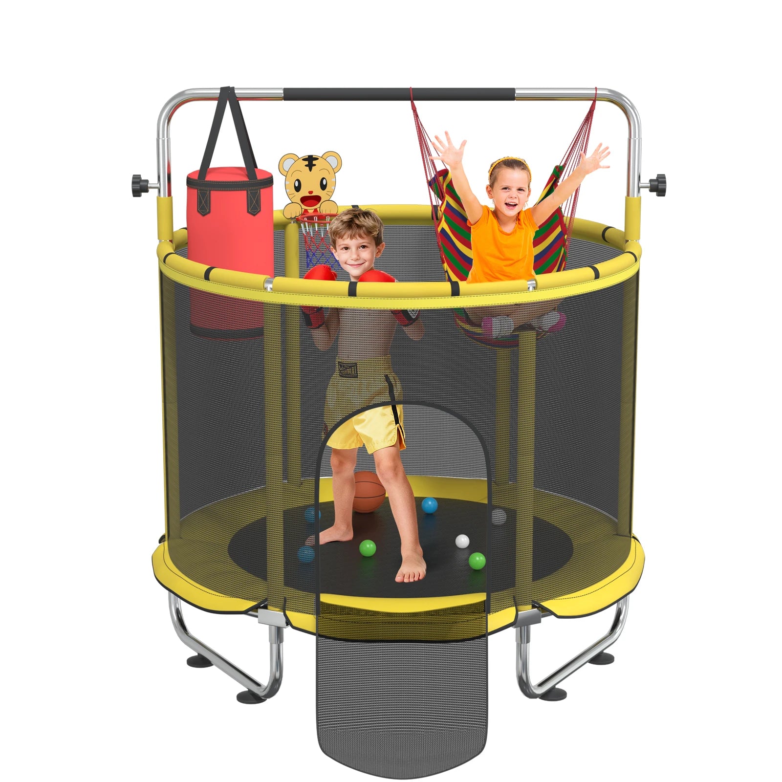 5FT Toddler Trampoline 8-in-1 Kids Mini Trampoline with Basketball Hoop Swing Hammock Indoor Outdoor Play for 1-5 Years Gift