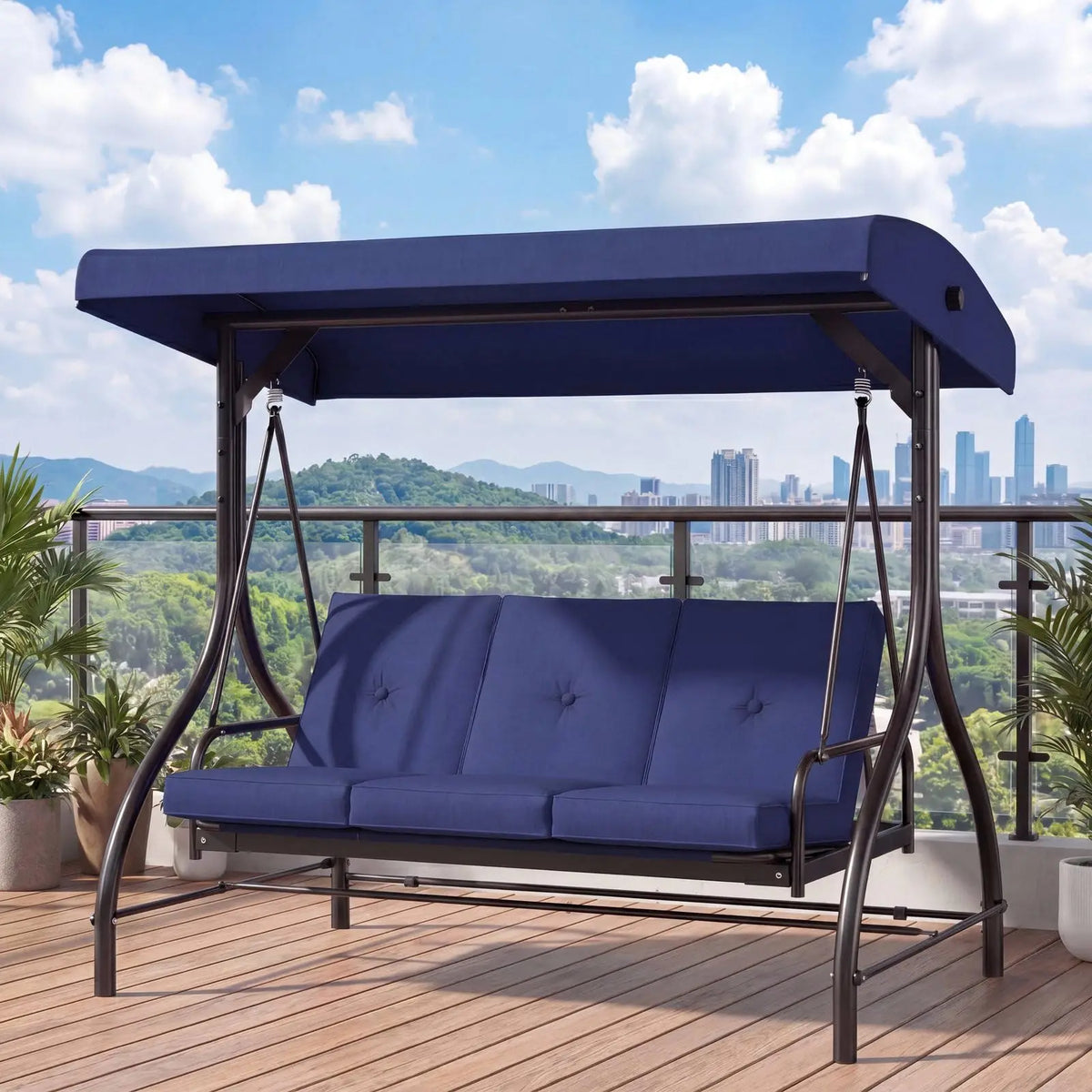 3-Seat Patio Swing with Adjustable Canopy & Backrest, Outdoor Porch Swing That Converts to Bed W/Thickened Removable Cushions & Up to 750LBS Capacity, For Porch, Backyard, Courtyard, Garden, Patio, Balcony, Poolside