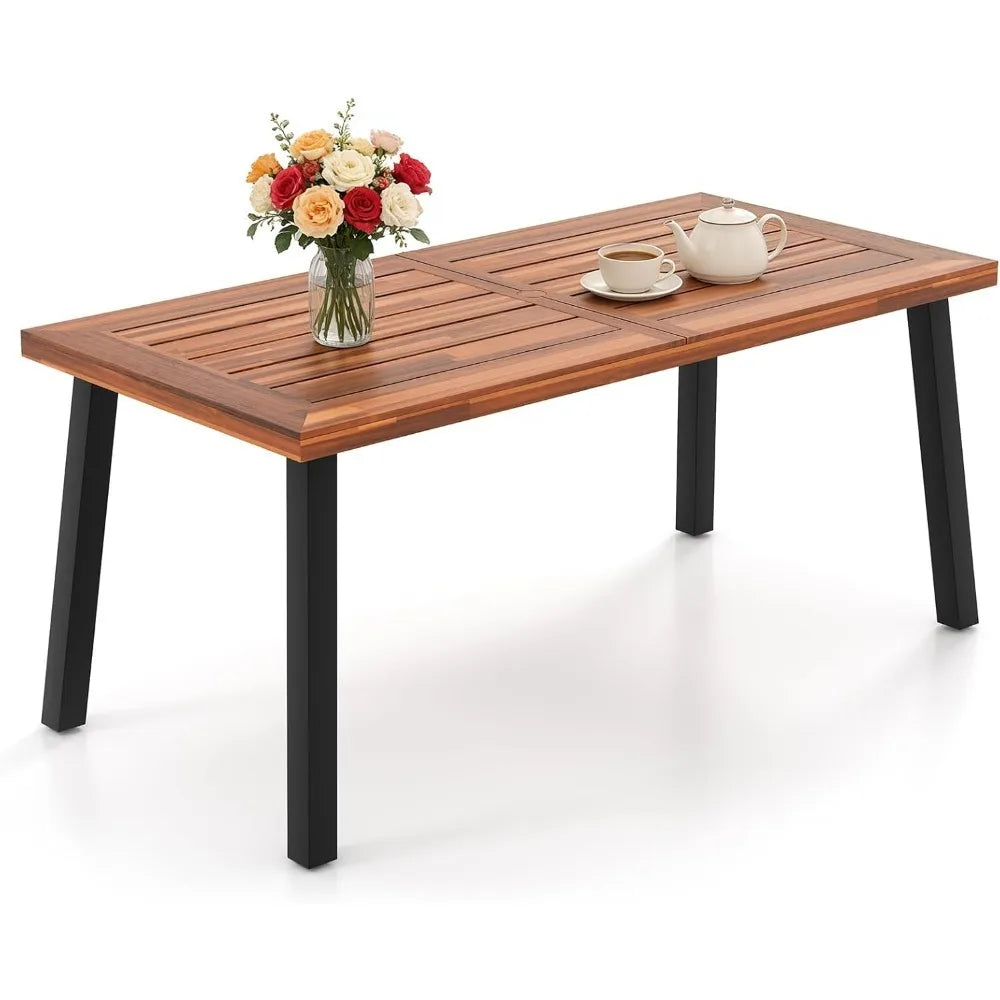 Patio Dining Table with Umbrella Hole, Outdoor Picnic Table for Backyard, Garden, Lawn, Farmhouse, Table Only