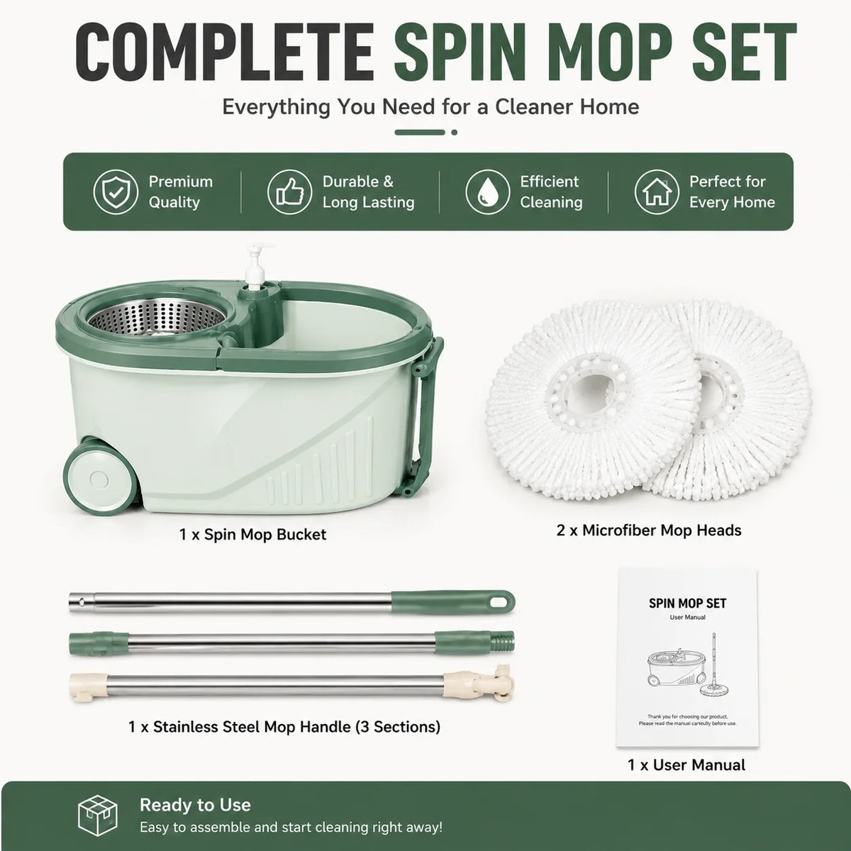 360 Spin Mop Bucket Set with Microfiber Mop Head, Self-Wringing Floor Mop System, Rotating Cleaning Bucket with Wheels for Kitchen Bathroom Home Floor Cleaning