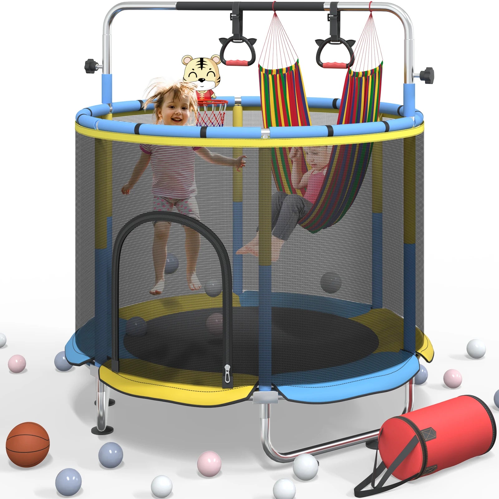 5FT Toddler Trampoline 8-in-1 Kids Mini Trampoline with Basketball Hoop Swing Hammock Indoor Outdoor Play for 1-5 Years Gift