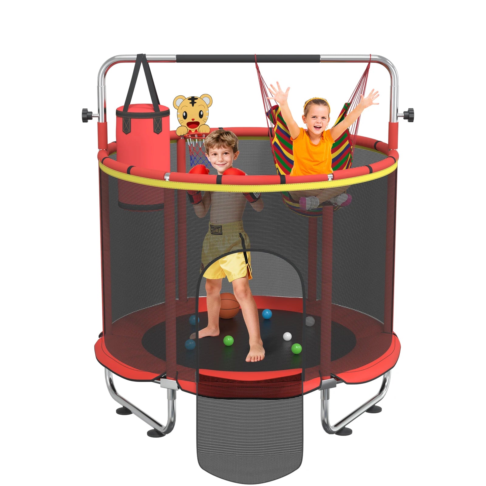 5FT Toddler Trampoline 8-in-1 Kids Mini Trampoline with Basketball Hoop Swing Hammock Indoor Outdoor Play for 1-5 Years Gift