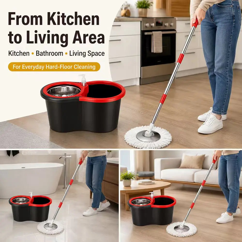 Spin Mop and Bucket Set With 4 Microfiber Mop Heads 360° Rotating Floor Cleaning Mop Stainless‑Steel Wringer Household Cleaning Tool