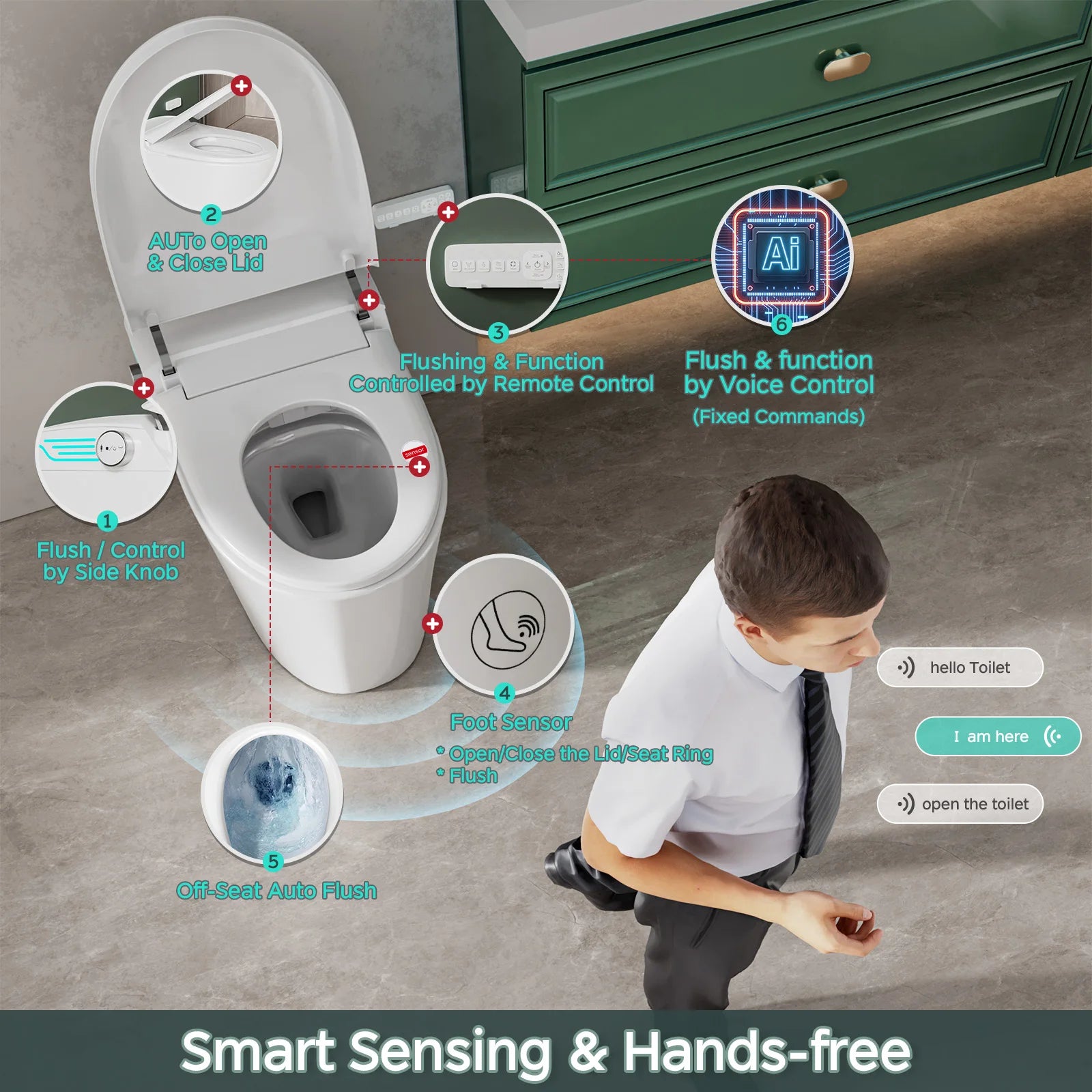 Toilet with Bidet Built In, Auto Deodorization, ADA Height 17.7", Heated Seat W/Foam Shield, Voice Control