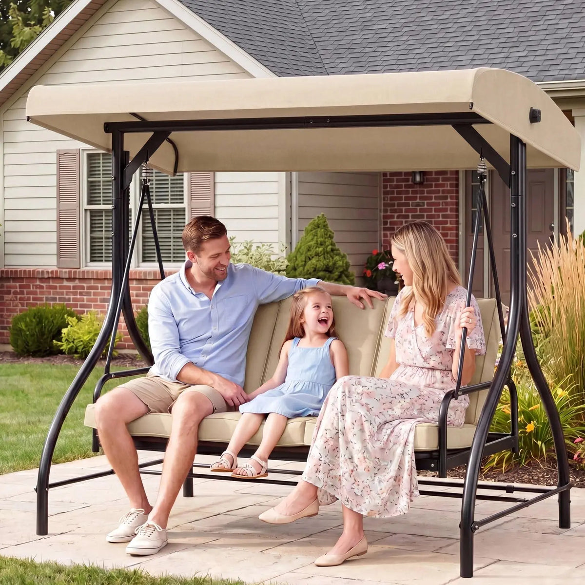 3-Seat Patio Swing with Adjustable Canopy & Backrest, Outdoor Porch Swing That Converts to Bed W/Thickened Removable Cushions & Up to 750LBS Capacity, For Porch, Backyard, Courtyard, Garden, Patio, Balcony, Poolside