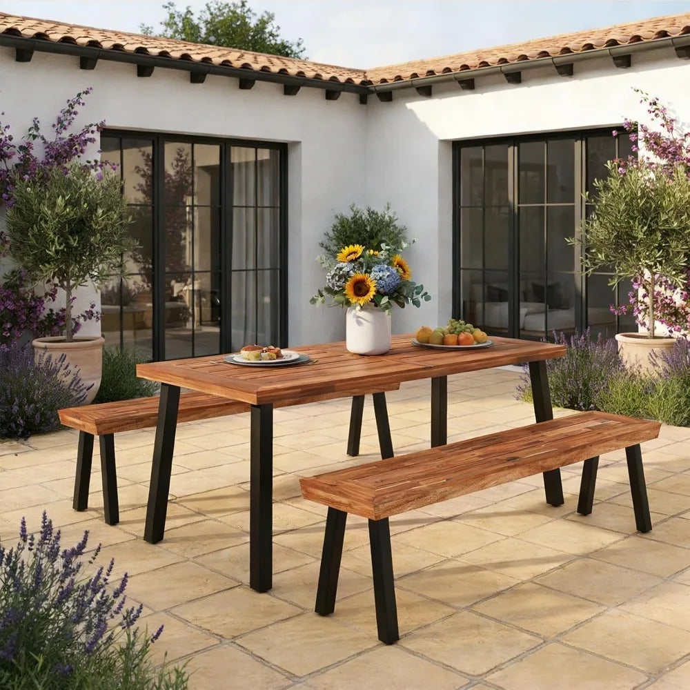 Patio Dining Table with Umbrella Hole, Outdoor Picnic Table for Backyard, Garden, Lawn, Farmhouse, Table Only