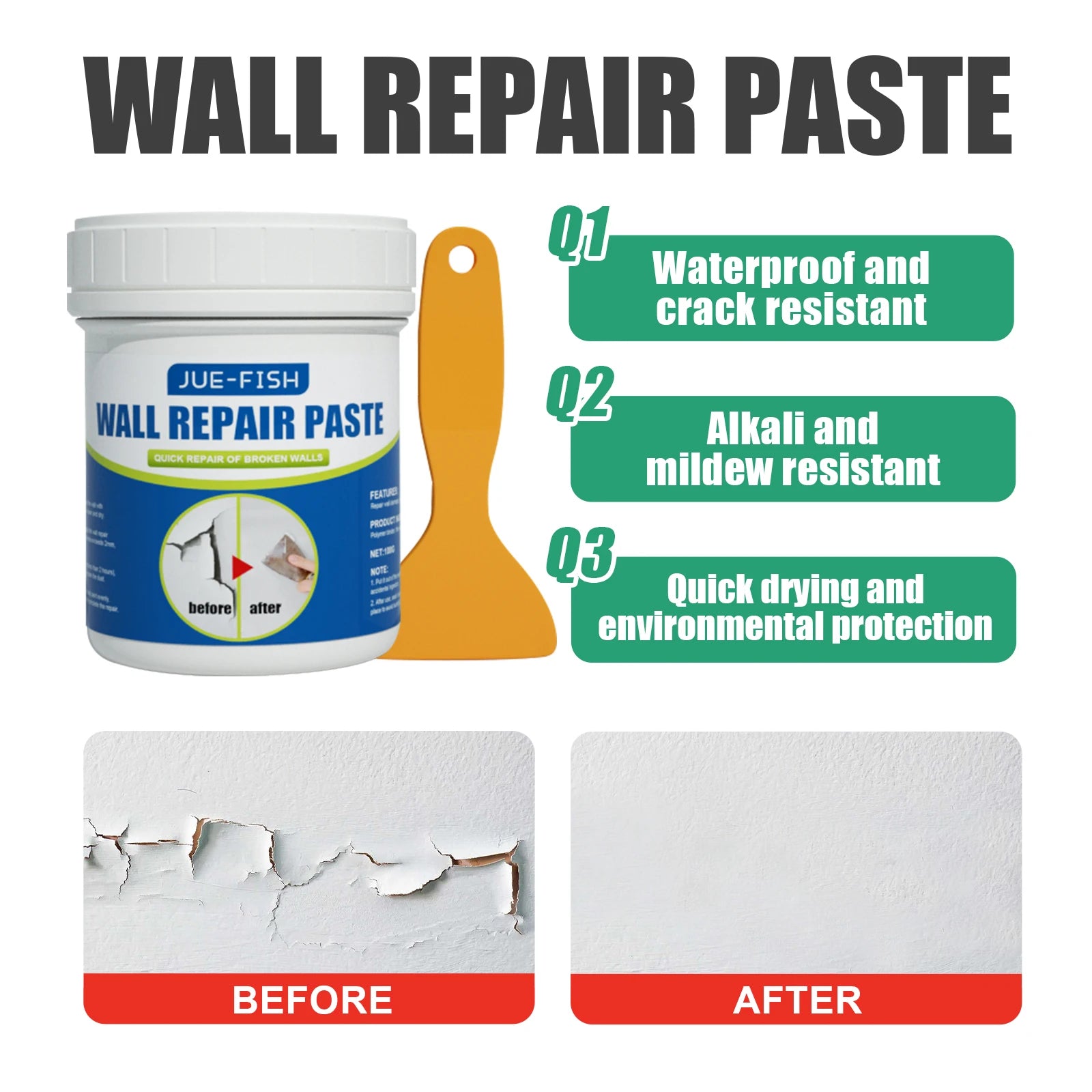 Jue-Fish Wall Repair Paste, Cover Stains And Repair Wall, Moisture Proof Cracks, Multi-Functional Repair Agent