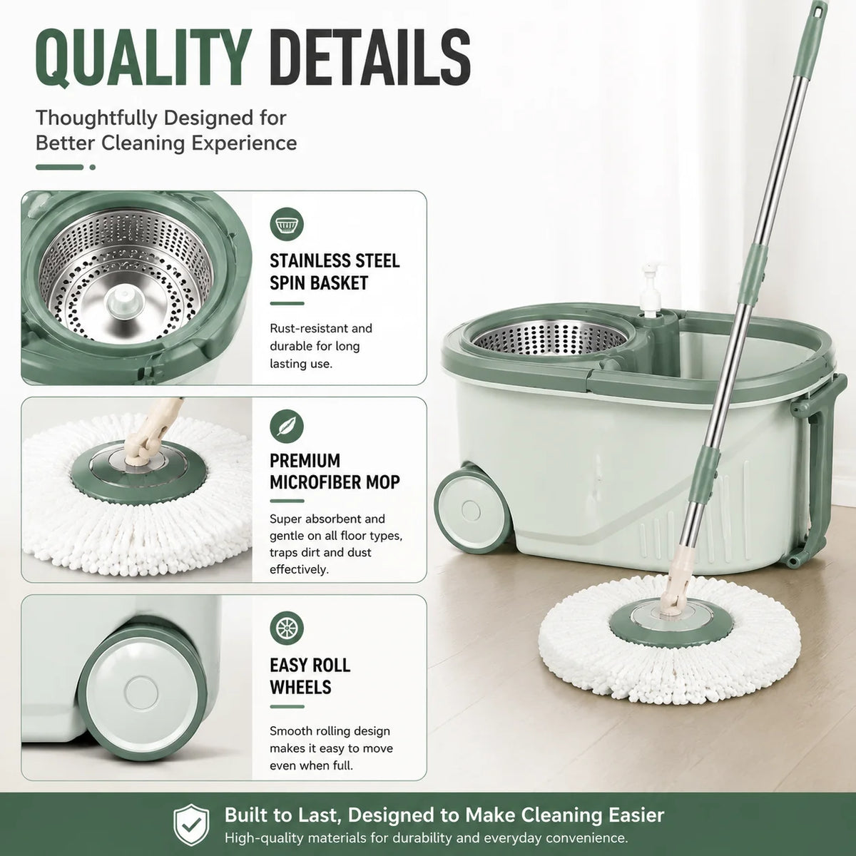 360 Spin Mop Bucket Set with Microfiber Mop Head, Self-Wringing Floor Mop System, Rotating Cleaning Bucket with Wheels for Kitchen Bathroom Home Floor Cleaning