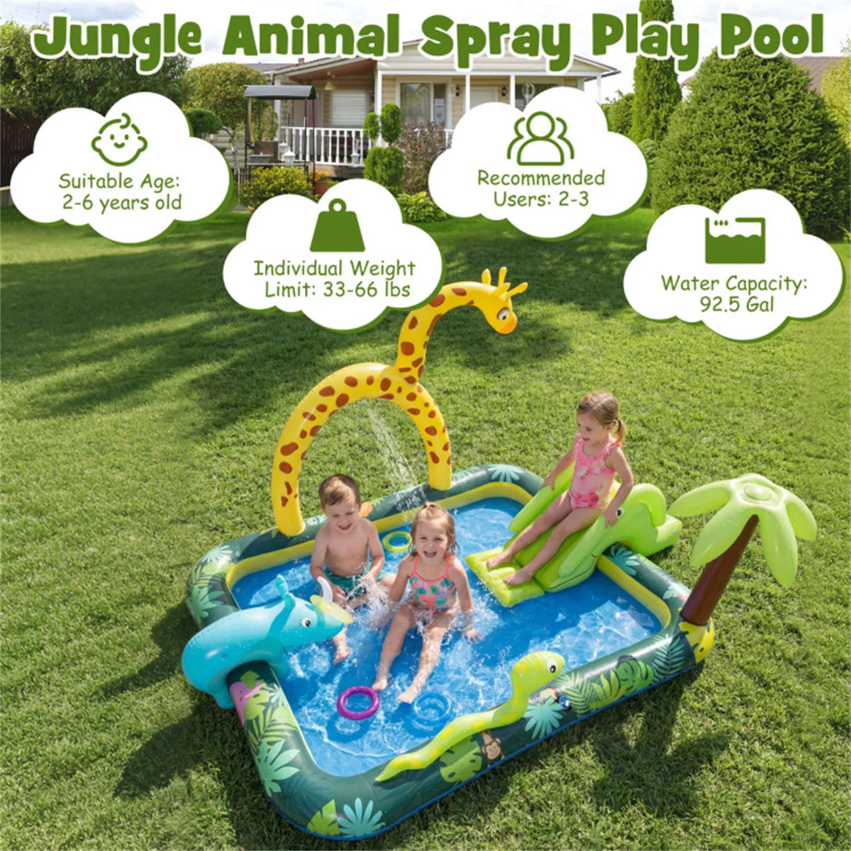 82" Inflatable Jungle Spray Pool with Giraffe Sprinkler & Slide, Kids Water Play Center for Backyard