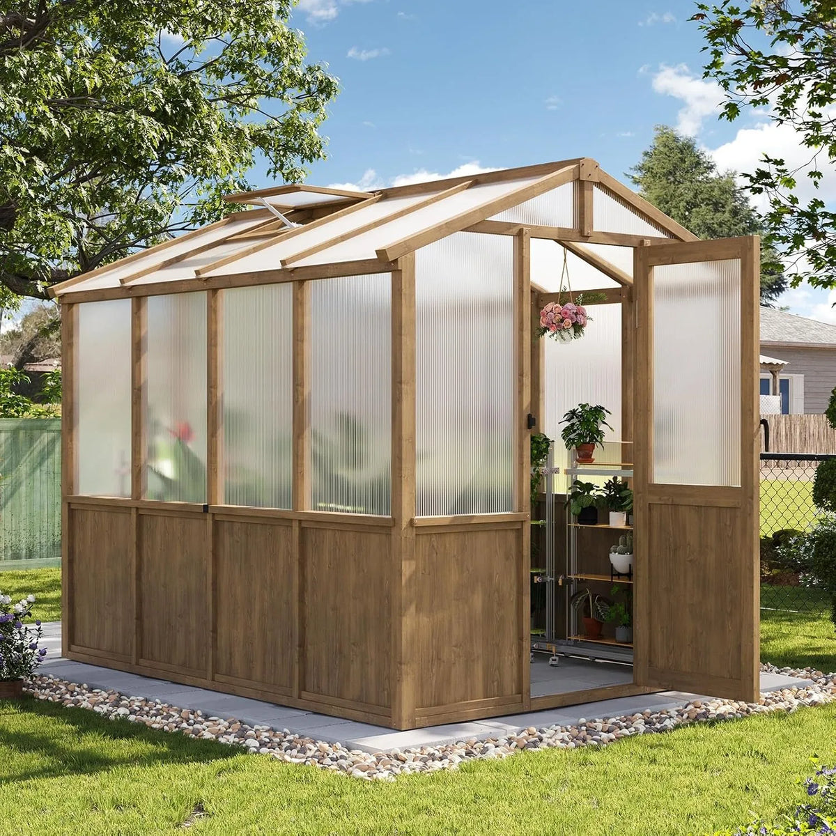 Nordivale 6x8ft Wooden Greenhouse Outdoor Cedar Wood Gazebo Walk-in Green House Kit Adjustable Roof Vent Lockable Door Heavy Duty for Backyard Garden Natural