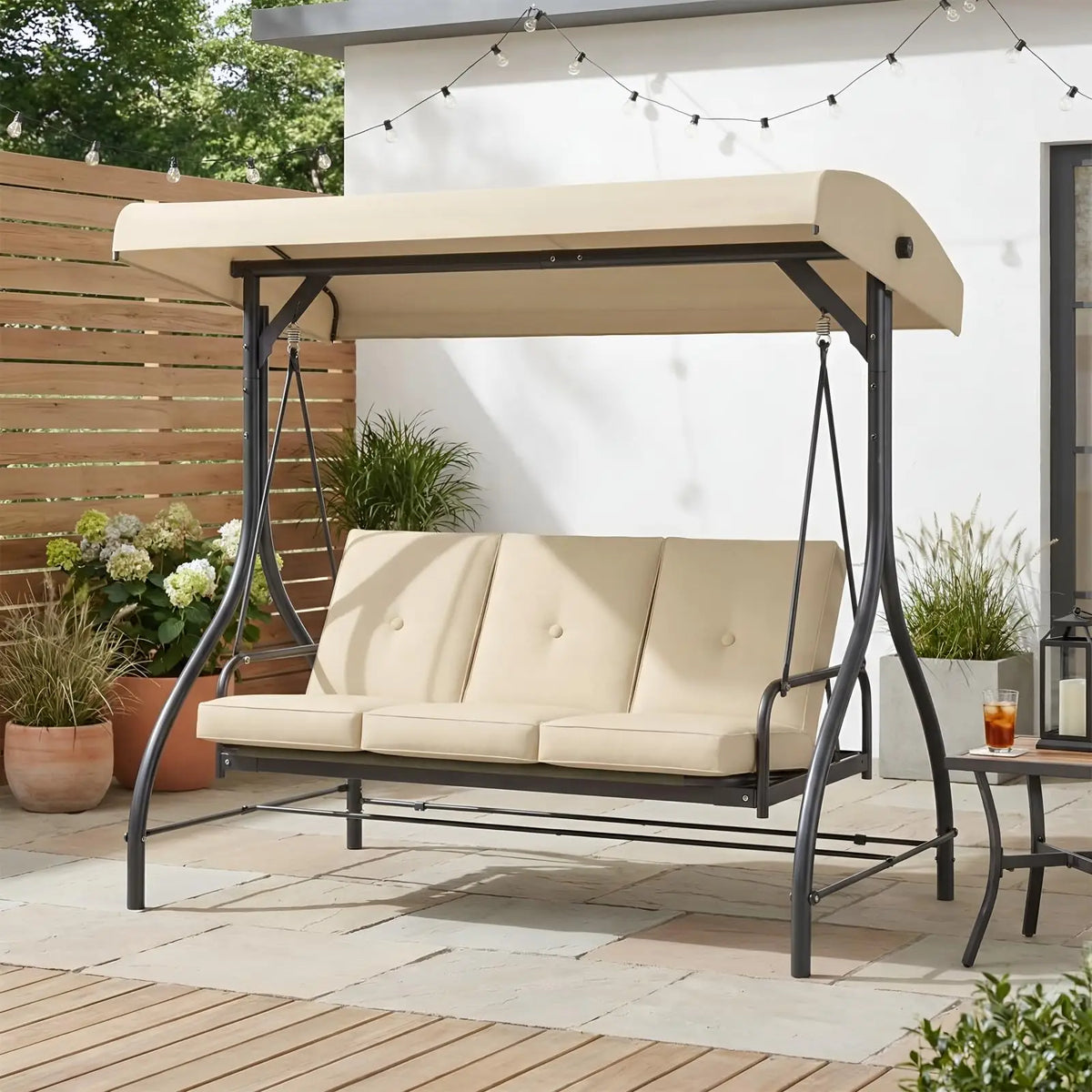 3-Seat Patio Swing with Adjustable Canopy & Backrest, Outdoor Porch Swing That Converts to Bed W/Thickened Removable Cushions & Up to 750LBS Capacity, For Porch, Backyard, Courtyard, Garden, Patio, Balcony, Poolside