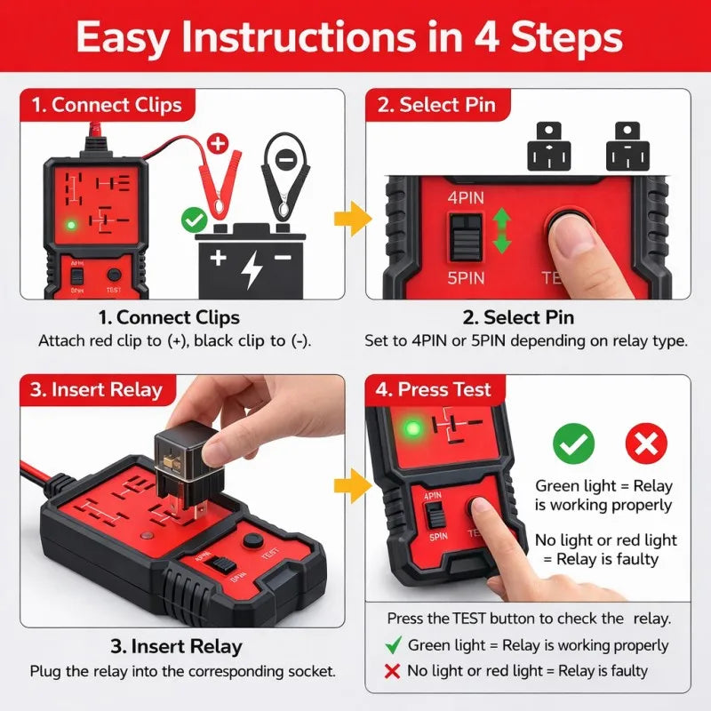 Auto Car Automotive Relay Tester For 12V Automotive 4 Pin and 5 Pin Relay Tester Automotive Universal With Battery Clamp, Handheld Relay Tester With Battery Clamp