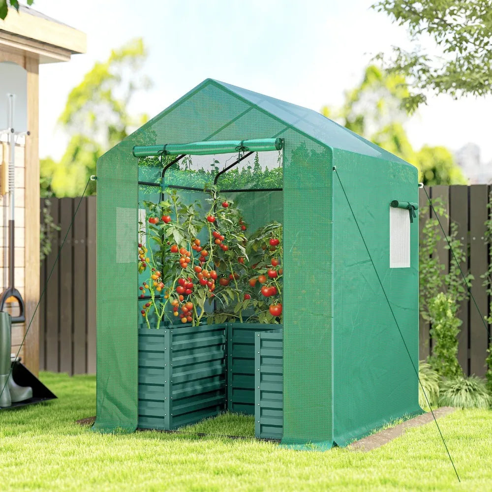 Greenhouse with Raised Garden Bed, Outdoor Greenhouse, Green